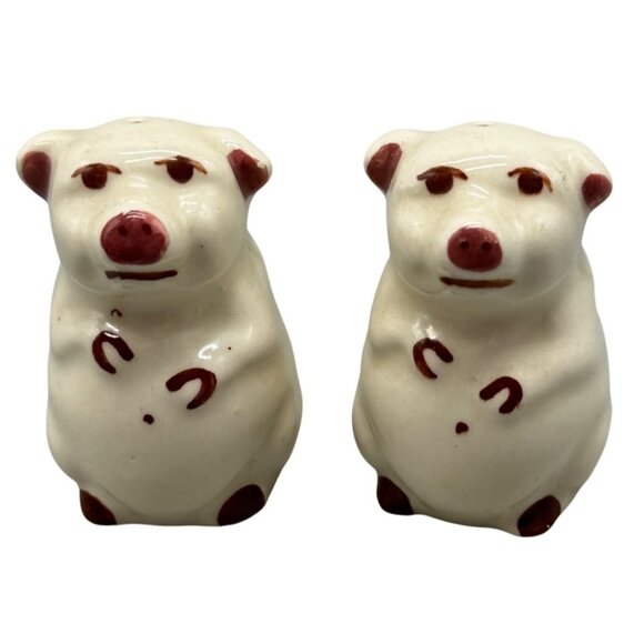 Vintage Ceramic pig Salt & Pepper Shakers Hand-Painted white & Brown 2.5" READ - Picture 1 of 5